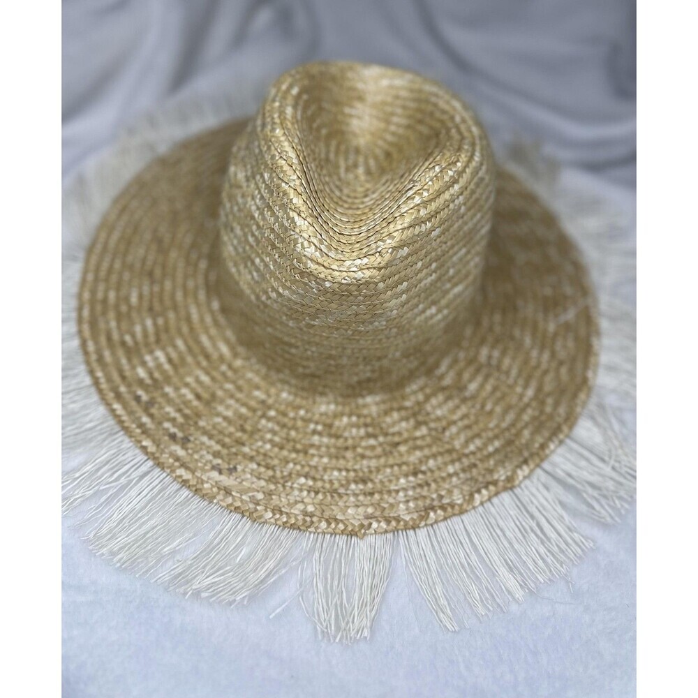 Kensie Hat Sun Womens One Size Beige Straw Fringe Wide Brim Beach Travel